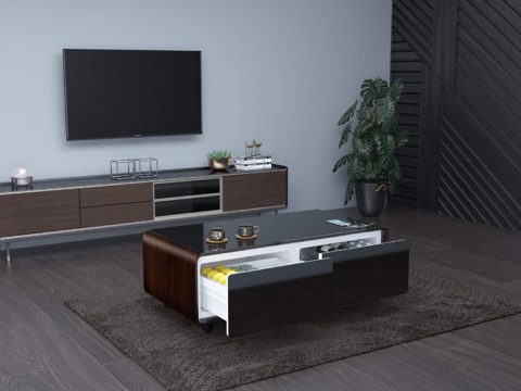 Smart Coffee Table Refrigerator smart refrigerator table with open drawers in the living room