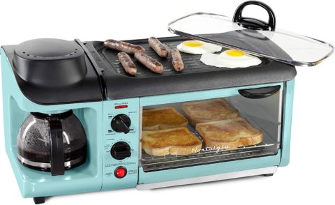 Blue all in one breakfast cooker with bacon, pancakes, toast, eggs and coffee.