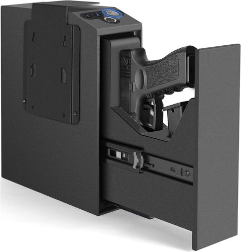 Sliding biometric gun safe open with a white background