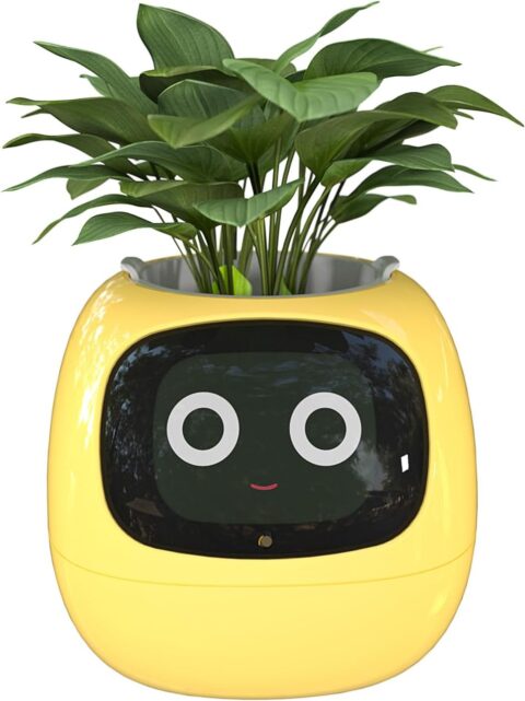 Smart Flower Pot A yellow smart flower pot with a green plant planted in it