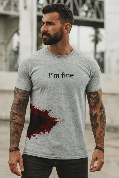 Shark Bite Shirt: Dark Humor You Can Wear Fit tattooed man wearing a grey ‘I’m Fine’ shark bite t-shirt with a realistic bloodstain graphic, standing outdoors with an intense expression.
