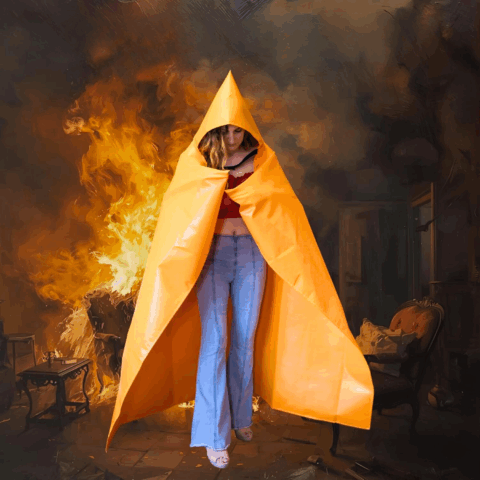Emergency Fire Blanket: Because Fire Safety Deserves a Fashion Statement A woman wearing an emergency fire blanket with a hood, standing calmly in front of a burning background, demonstrating its heat-resistant protection.