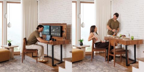 A Space Saving Dining Table That Converts Into a Desk (Work & Dine Smarter) Side-by-side image showing a space-saving dining table converting into a desk, with one view set up as a workspace and the other arranged for dining.