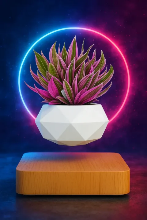Floating Plant Pot Magnetic levitating plant pot floating above a wooden base